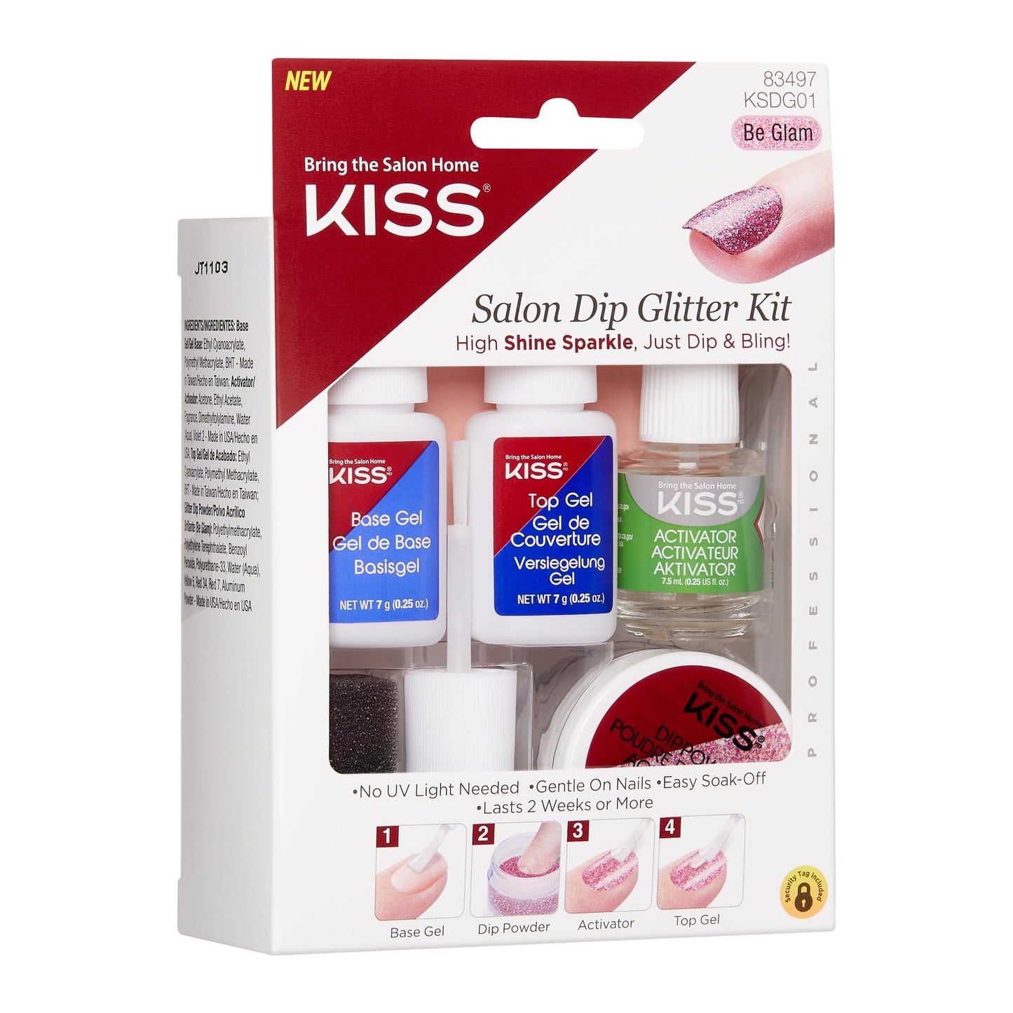 KISS Salon Dip, Dip Powder Nail Kit, Includes 7g Base Gel, 7g Top Gel, 7.5ml Activator, 9g Pink Glitter Dip Powder, Dusting Sponge, Replacement Gel Beauty & Personal Care KISS