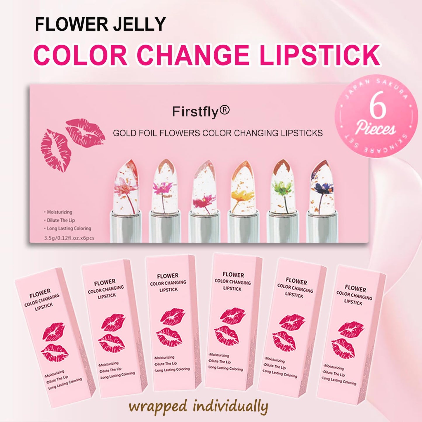 firstfly Pack of 6 Crystal Flower Jelly Lipstick, Long Lasting Nutritious Lip Balm Lips Moisturizer Magic Temperature Color Change Lip Gloss (Pink)