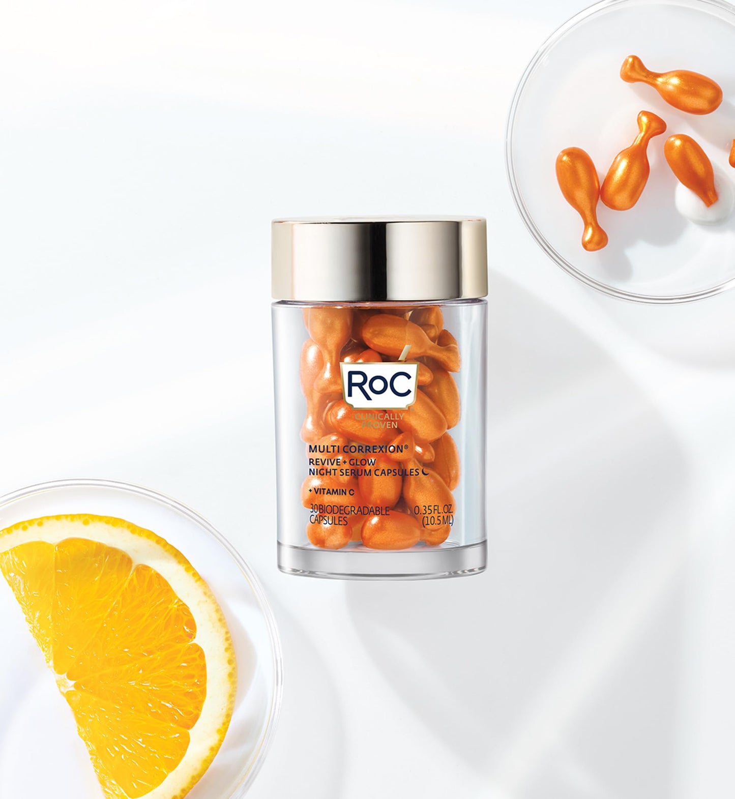 RoC Multi Correxion Revive + Glow 20% Pure Vitamin C Night Serum Capsules for Brightening, Dark Spots, and Texture, 30 count