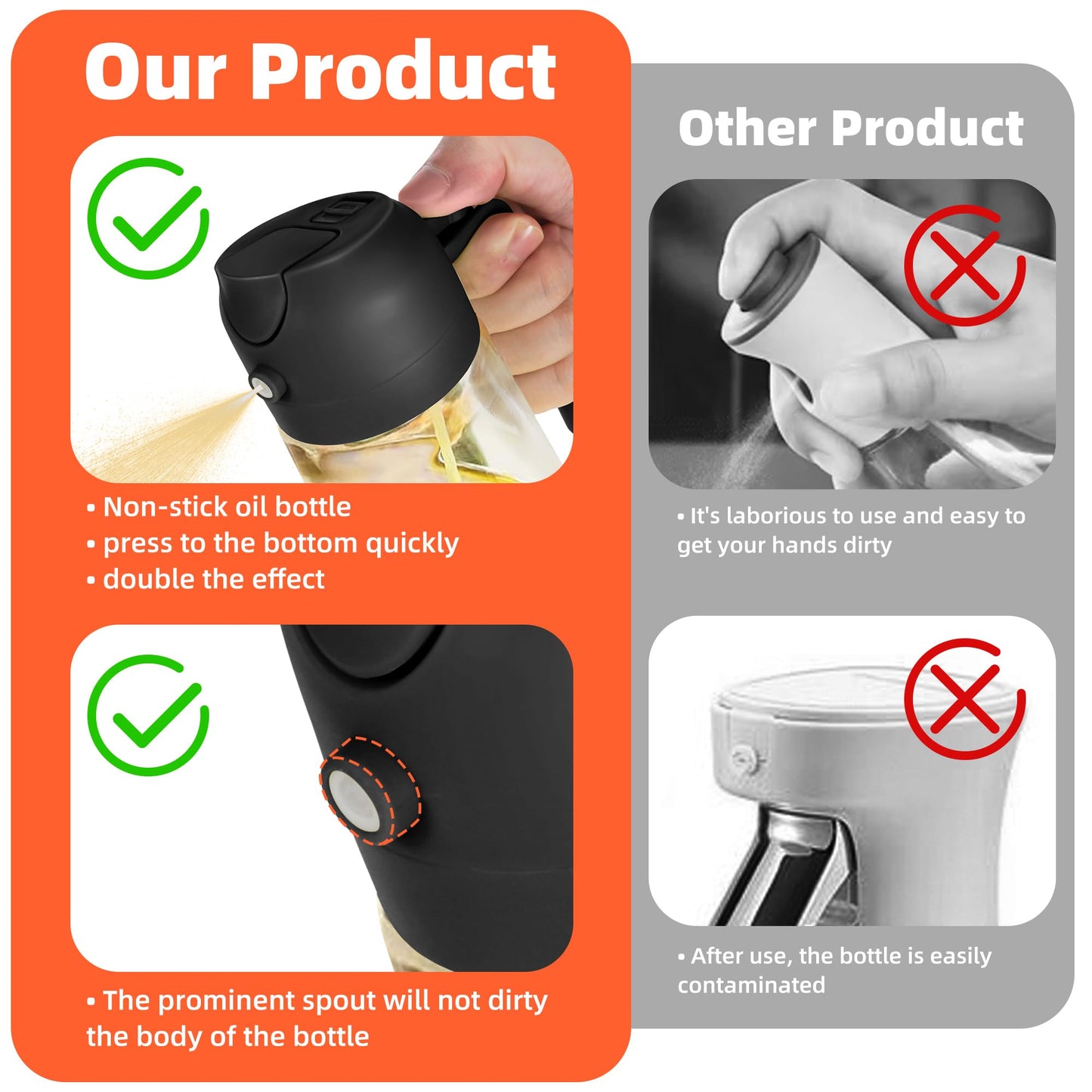 TrendPlain 16oz Glass Olive Oil Sprayer – 2-in-1 Dispenser Bottle for Cooking, Air Fryer, Salad, BBQ – Black