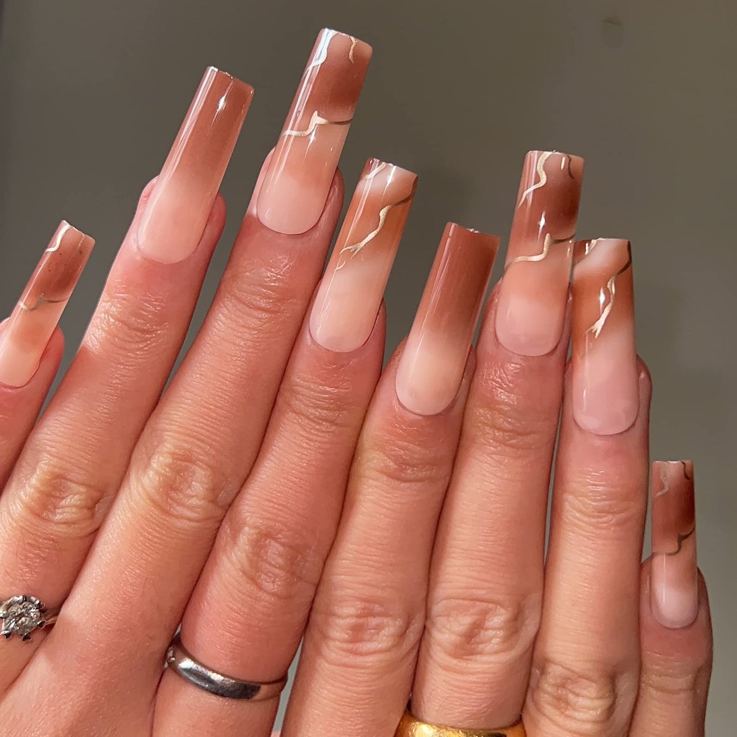 BABALAL Square Press on Nails - Long, Brown Acrylic, Ombre, Glossy Artificial Nails - Squoval Shape, for Women and Girls