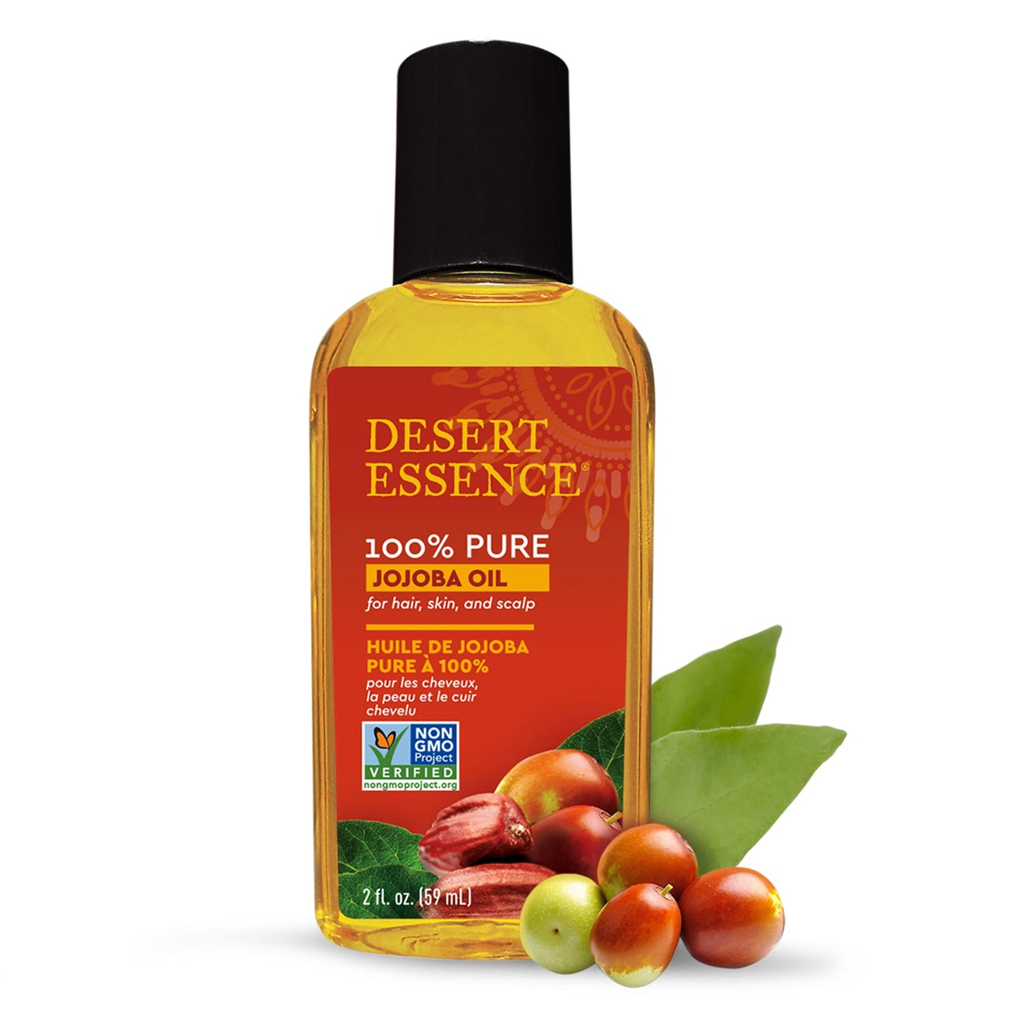 Desert Essence 100% Pure Jojoba Oil - 2 Fl Oz Moisturizer for Hair, Skin & Scalp | Makeup Remover & Aftershave Hydrator, Non-GMO, Vegan, Cold-Pressed