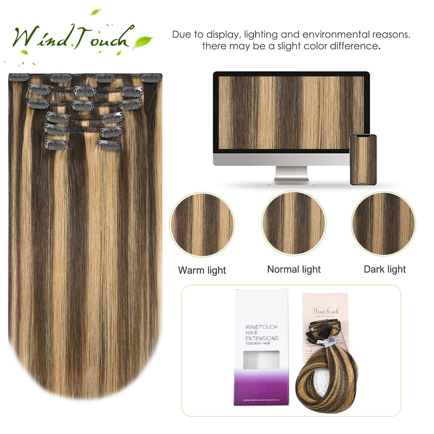 WindTouch Clip In Hair Extensions Human Hair Chocolate Brown to Dark Blonde Balayage Remy Hair 18Inch 75g #4p27 7PCS