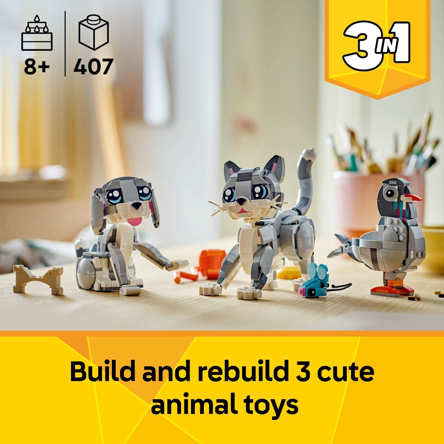 LEGO Creator 3 in 1 Playful Cat 31163, Build Cat, Dog or Pigeon Animal Figures, Creative Building Toy & Birthday Gift for Kids Ages 8+