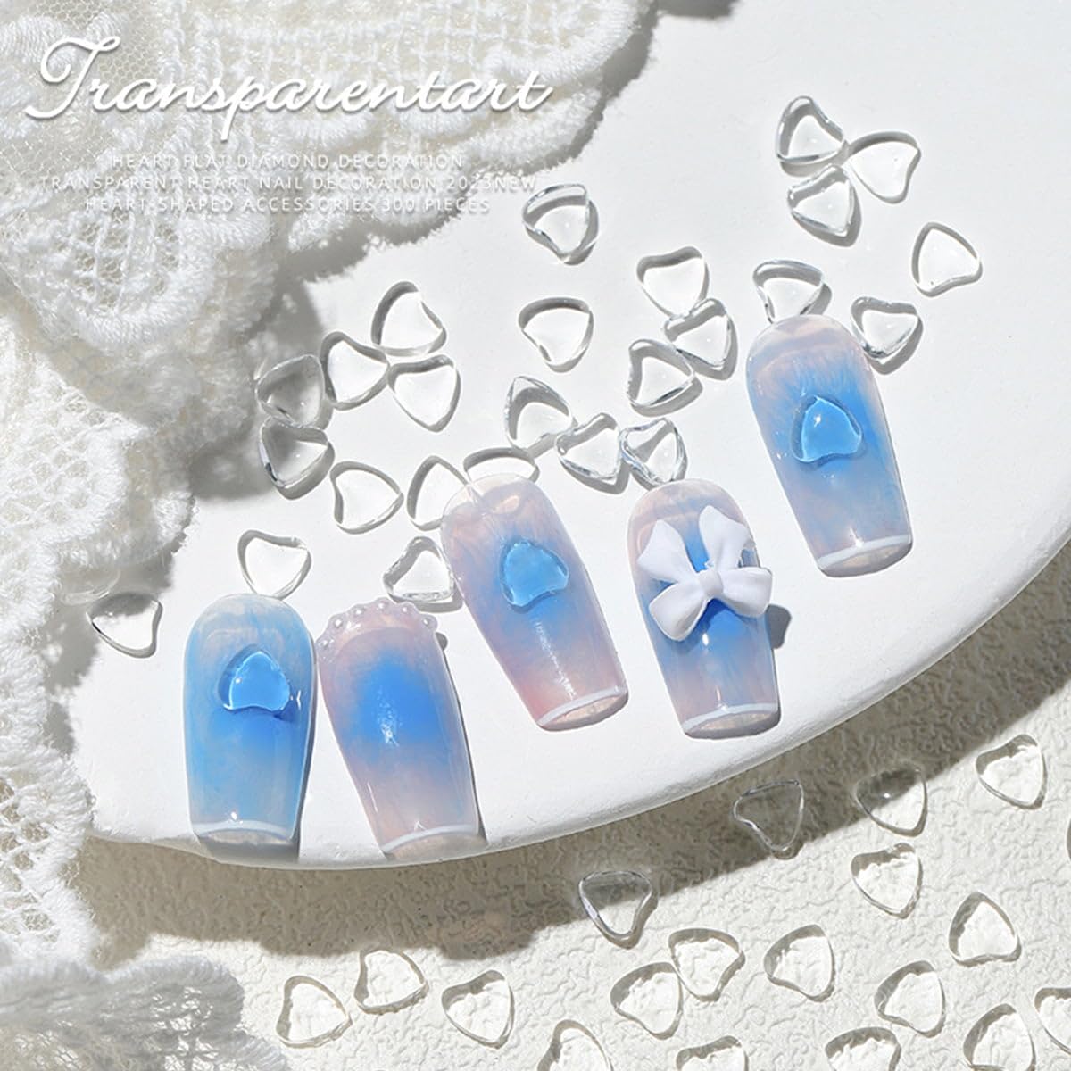 qiipii 300pcs Transparent Heart Nail Charms, 3 Sizes Mixed Size 3D Clear Cute Love Hearts Rhinestones Flatback Resin Crystals Diamonds Nail Art