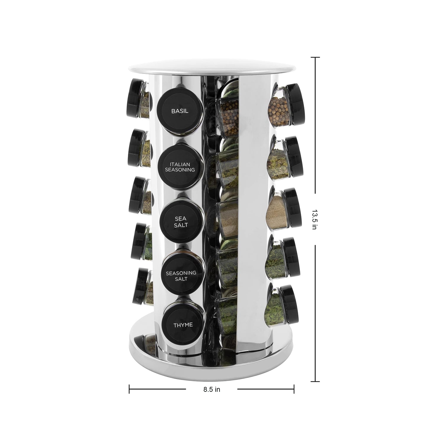 Kamenstein 20 Jar Revolving Countertop Spice Rack with Spices Included, FREE Spice Refills for 5Years, Polished Stainless Steel with Black Caps, 30020
