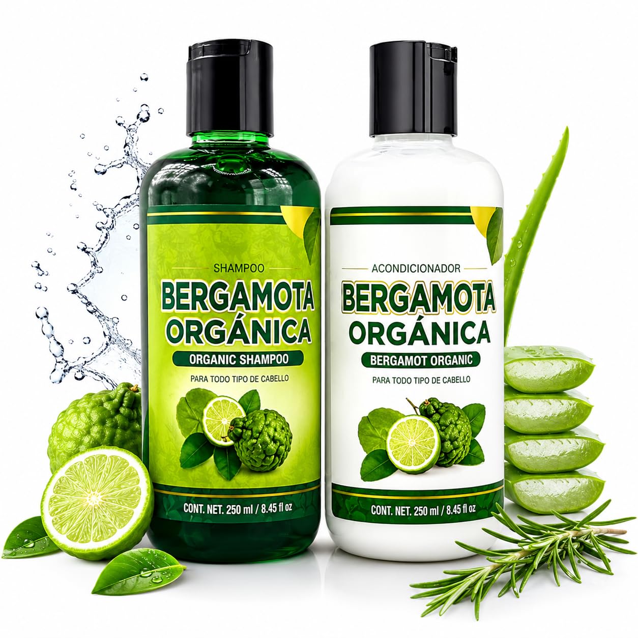 Shampoo Organic Bergamot + Conditioner (16.9 fl oz) with Aloe Vera & Rosemary | SHAMPOO ORGÁNICO BERGAMOTA con Sábila & Romero + Acondicionador - 500
