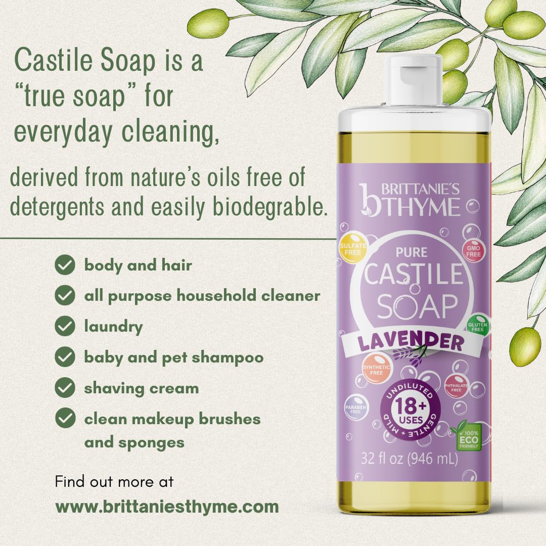 Brittanie’s Pure Castile Liquid Soap Refill, Lavender, 32 Ounce 2 Pack | Dish Soap, Hair & Body, Laundry, Home, Gentle and Pure, Made with Natural