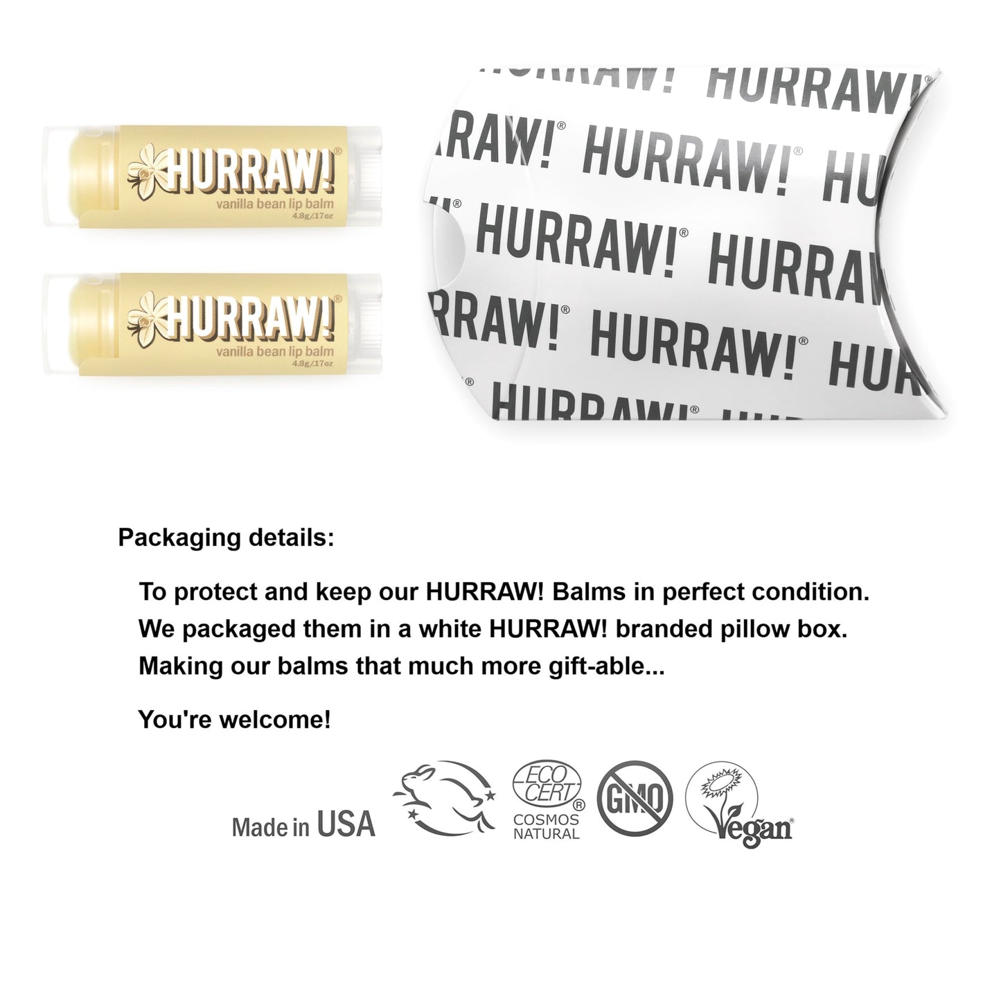Hurraw! Vanilla Bean Lip Balm, 2 Pack: Organic, Certified Vegan, Cruelty and Gluten Free. Non-GMO, 100% Natural Ingredients. Bee, Shea, Soy and Palm