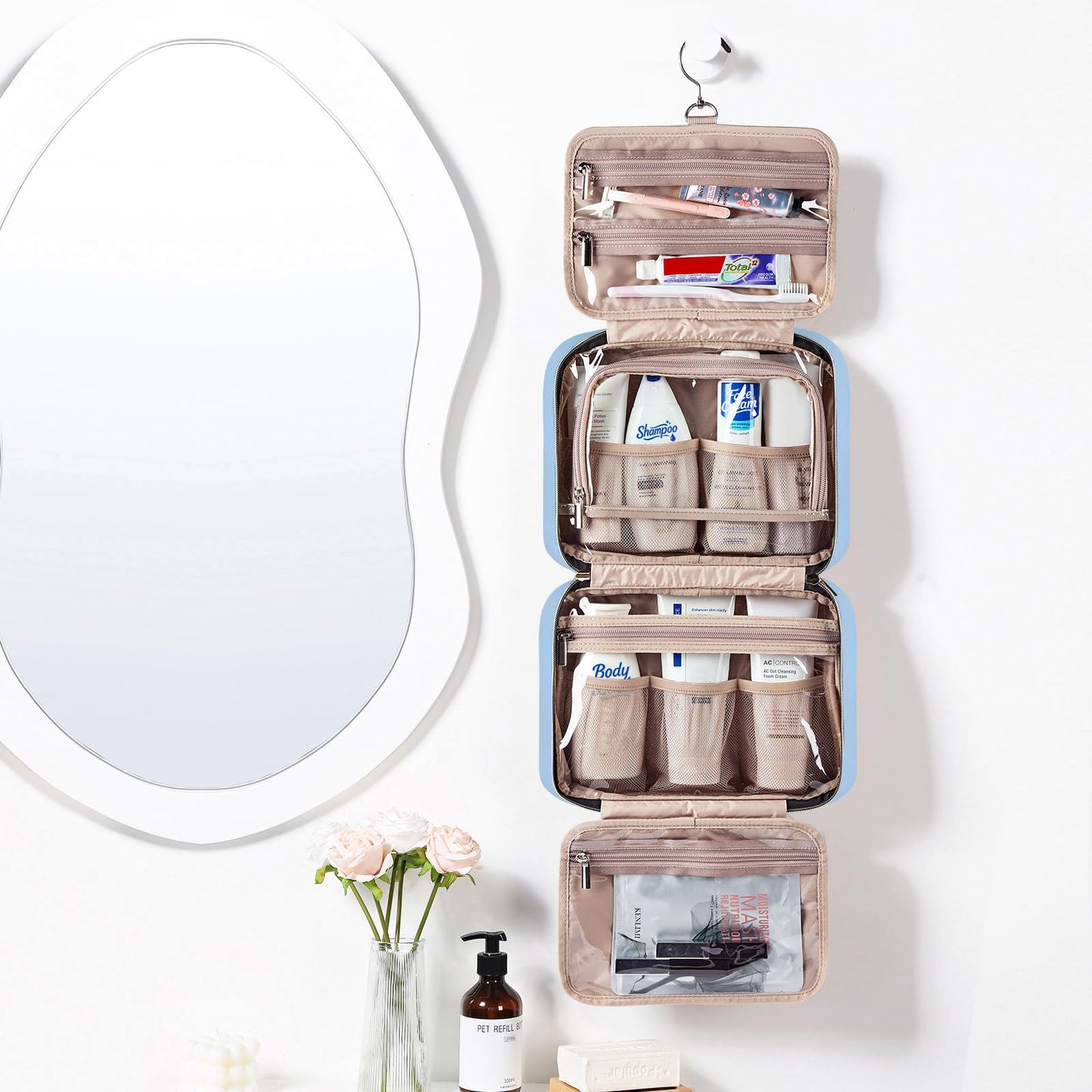 NISHEL Travel Toiletry Bag for women, Portable Hanging Organizer for Full-Sized Shampoo, Conditioner, Brushes Set, Makeup Accessories, Large Size Beauty and Personal Care NISHEL