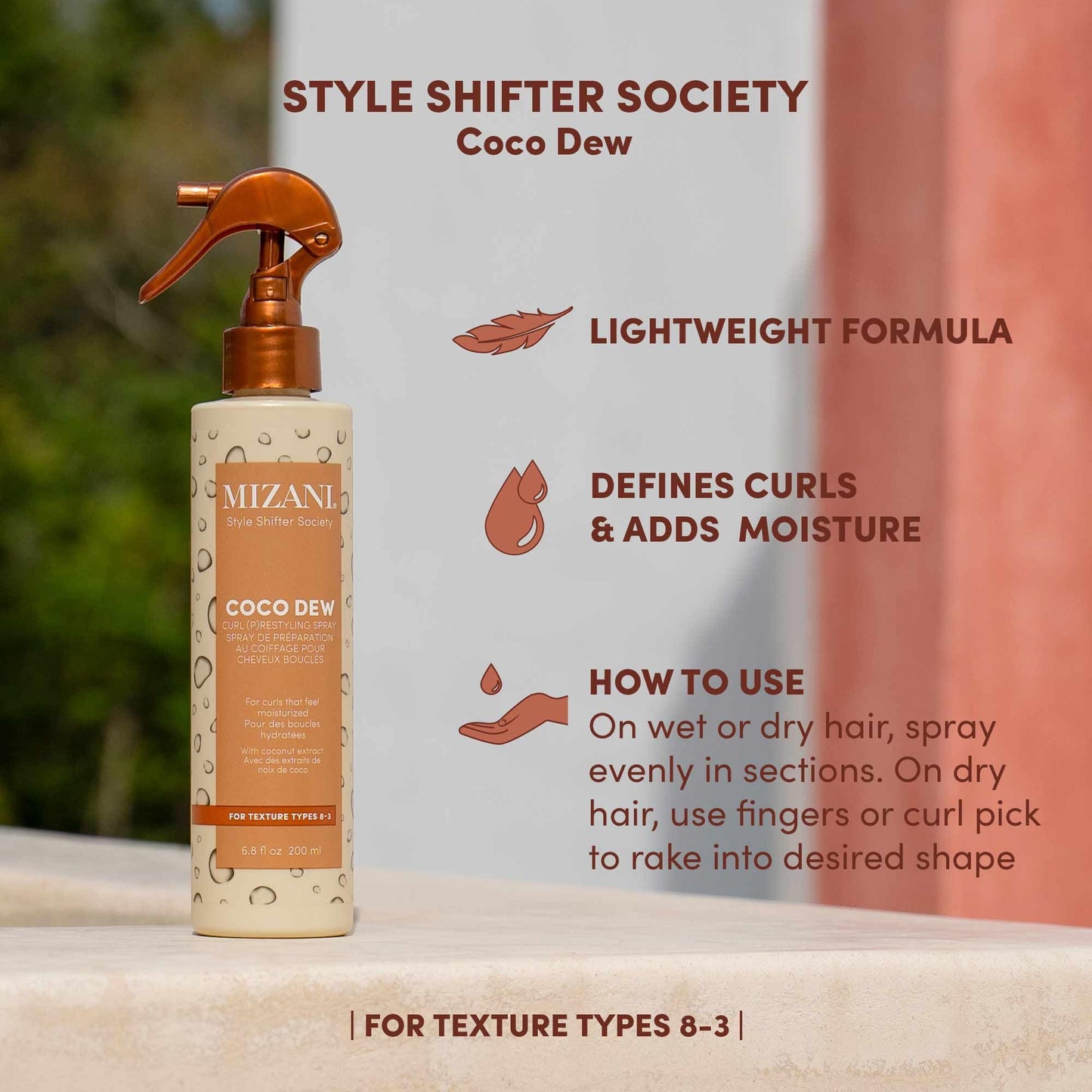 Mizani Style Shifter Society Coco Dew Curl (P) restyling Spray with Coconut Oil, Curl Refreshing Spray, Anti Frizz, Leave In Moisturizer