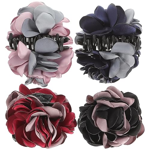 Lurrose 4Pcs Ribbon Hair Claws Large Claw Clamps Rose Flower Bow Jaw Hair Clip Barrette Ponytail Holders for Girls Women