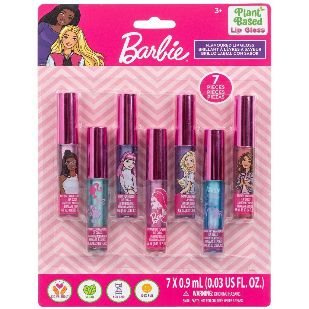 Barbie 7 Piece Plant Based Lip Gloss, Girls Party Favors, First Makeup Set for Girl, Perfect for Parties, Sleepovers, and Birthday Gifts, Ages 3+, by
