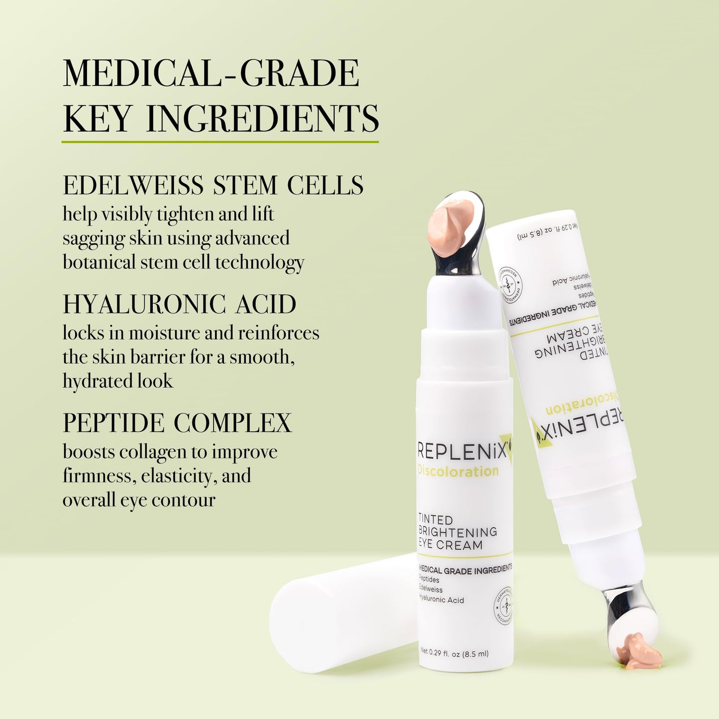 Replenix Anti-Aging Tinted Brightening Eye Cream, 0.29 Fl Oz, Medical Grade Hyaluronic Acid Under Eye Cream, Helps Blur Dark Circles, Fine Lines