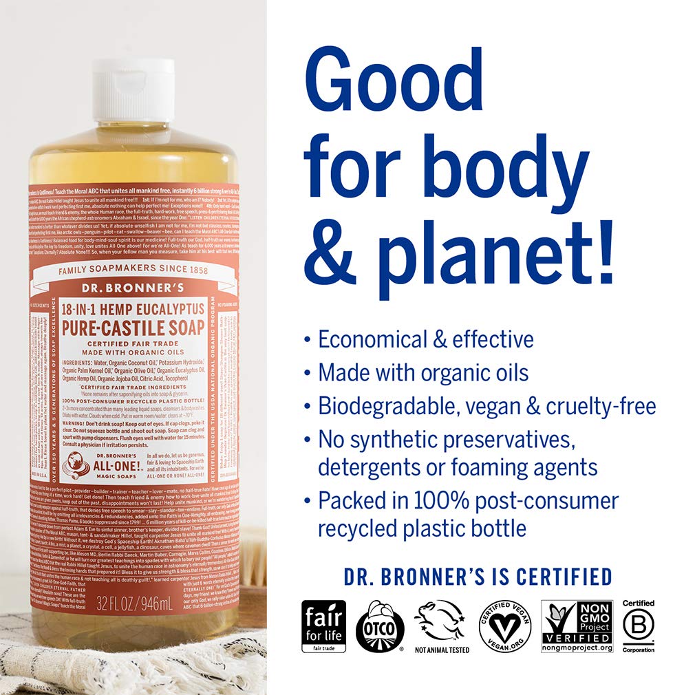 Dr. Bronner's - Pure-Castile Liquid Soap (Eucalyptus, 32 ounce) - Made with Organic Oils, 18-in-1 Uses: Face, Body, Hair, Laundry, Pets & Dishes