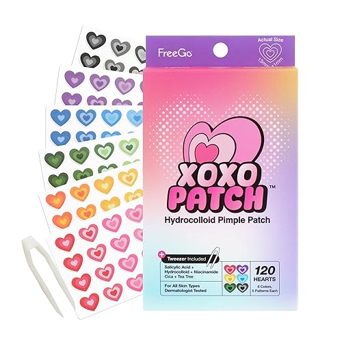 FreeGo XOXO Hydrocolloid Pimple Patch 120 Counts | Cute Colorful Heart Shape | Salicylic Acid, Niacinamide, CICA, Tea Tree | Made in Korea