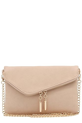 FashionPuzzle Envelope Wristlet Clutch Crossbody Bag with Chain Strap (Nude) One Size