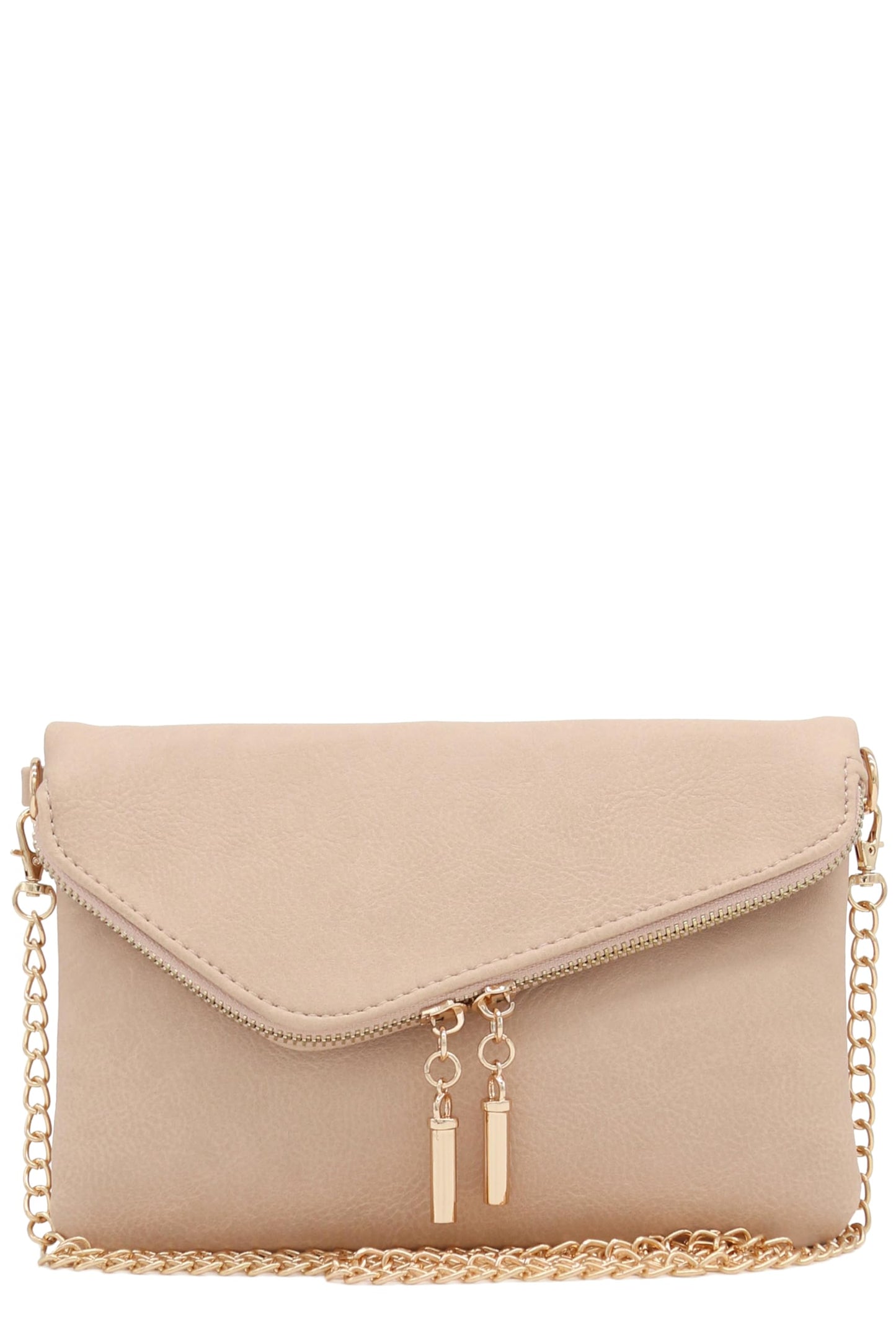 FashionPuzzle Envelope Wristlet Clutch Crossbody Bag with Chain Strap (Nude) One Size