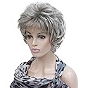 Lydell Women's Short Curly Wavy Wig Light Gray with Dark Root Synthetic Hair Full Wig 6 inches