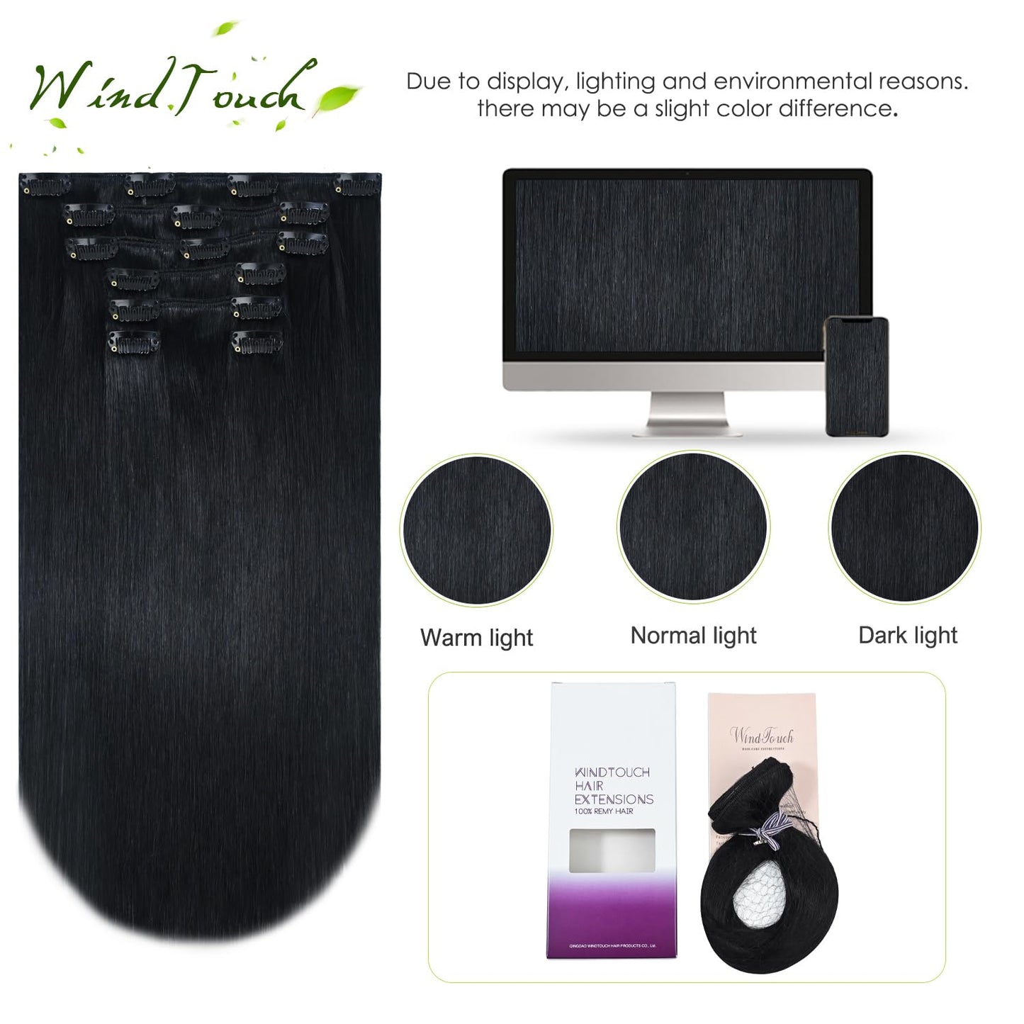 WindTouch Clip in Hair Extensions Real Human Hair Remy Human Hair Clip in Extensions Straight Clip ins Soft No Tangles #1 Jet Black 20 Inch 75g
