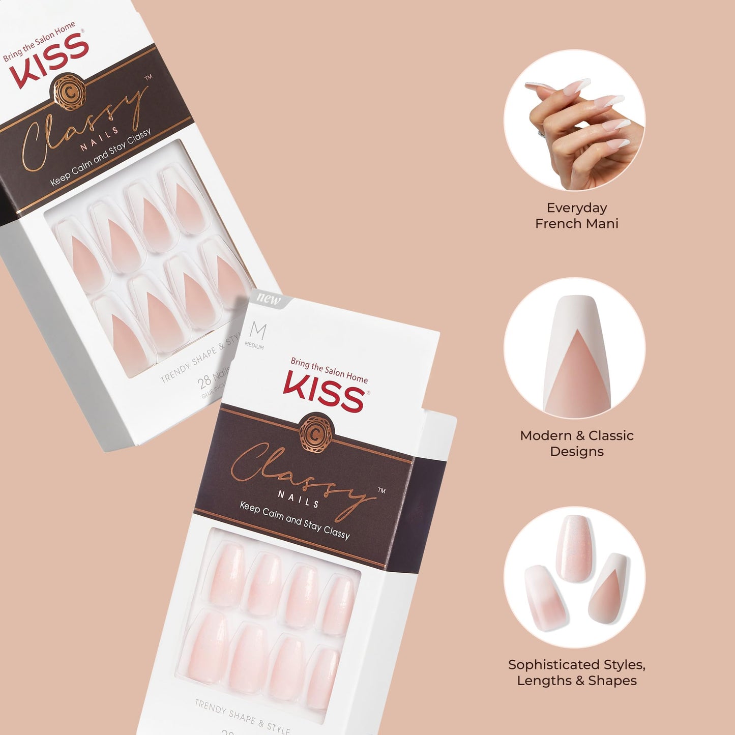 KISS Classy French Nail Manicure Kit with Gel Finish,Medium,Coffin Shaped,Includes Pink Nail Glue (Net Wt. 2 g / 0.07oz.),Mini Nail File,Manicure