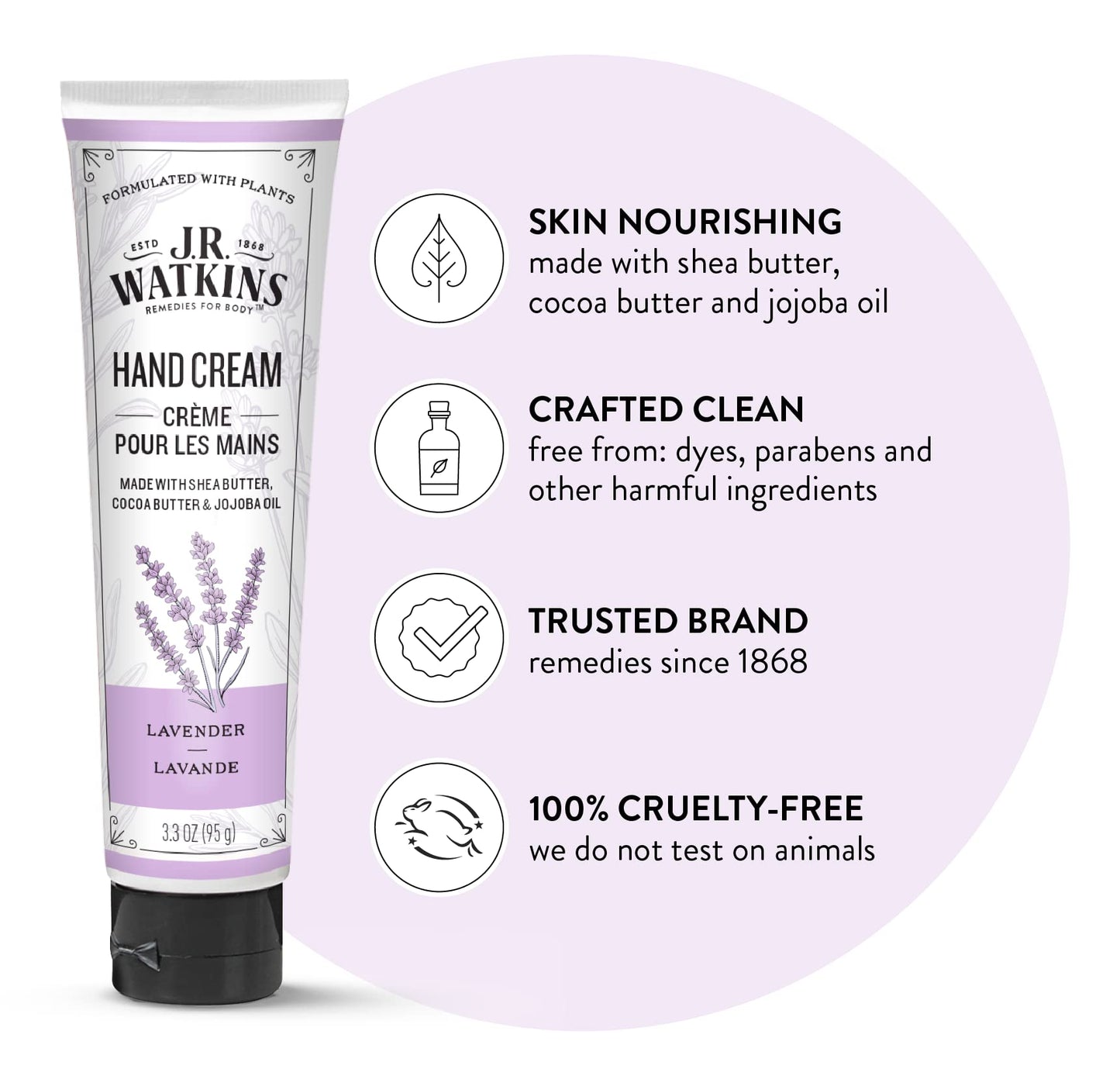 J.R. Watkins Natural Moisturizing Hand Cream, Hydrating Hand Moisturizer with Shea Butter, Cocoa Butter, and Avocado Oil, USA Made and Cruelty Free