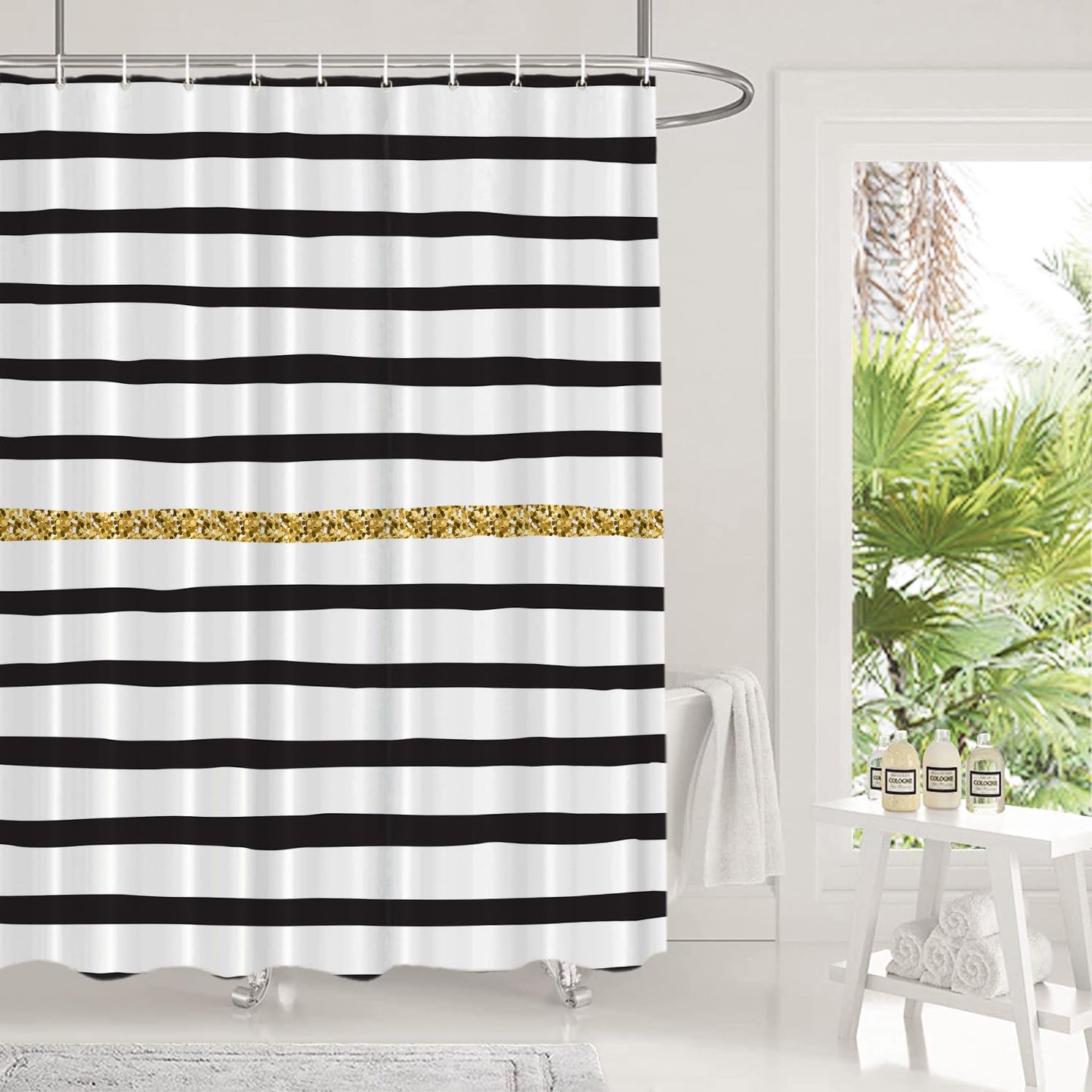 Shrahala Black White and Gold Decorative Shower Curtain, Black and White Geometric Abstract Ink Drawing Shower Curtain for Shower Stall Bathroom…