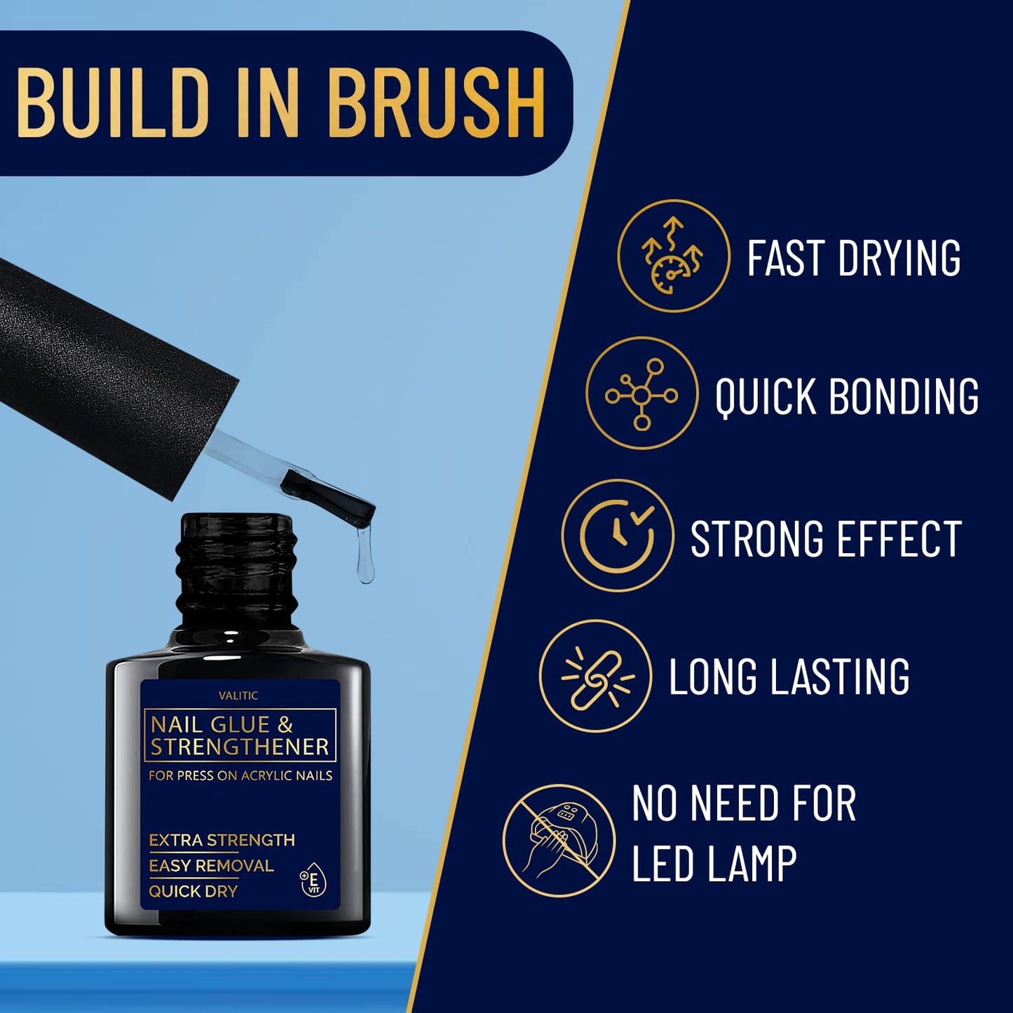Valitic Strong Nail Glue and Strengthener - Quick Dry Brush On Gel for Long Lasting Nails - Adhesive Bond for False Nails - Strengthener for Nail Tips