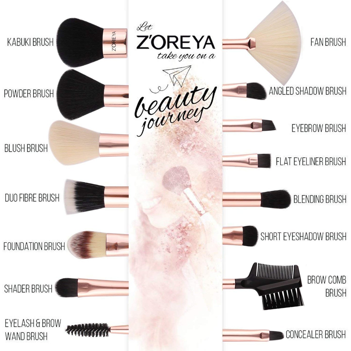 Z'OREYA Makeup Brushes Set,15pcs Rose Gold Luxury and Fashion Makeup Brushes,Professional Premium Synthetic Foundation Powder Concealers Eye Shadows