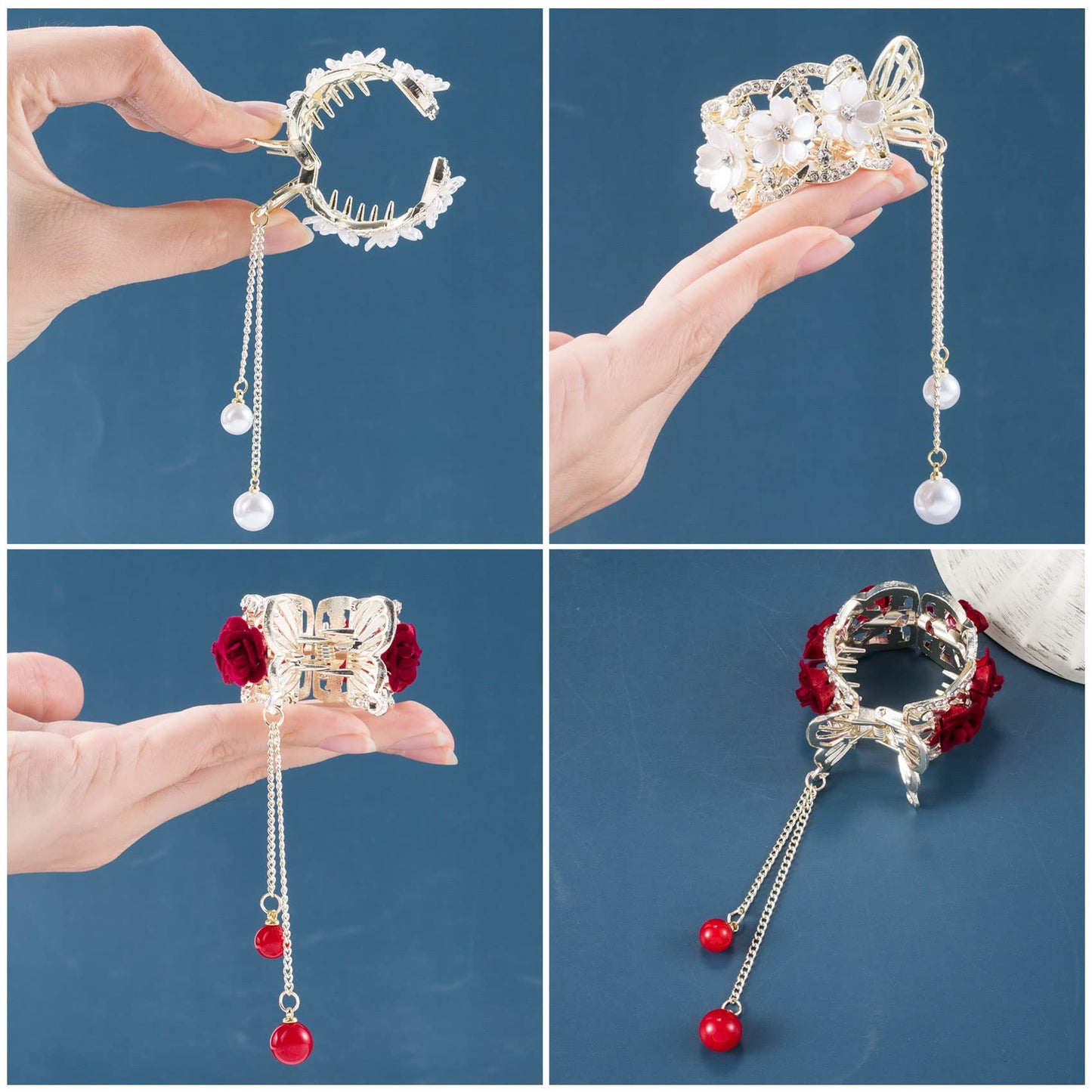 HINZIC 2pcs High Ponytail Hair Claw Clips, 2inch Rose Crystal Rhinestone Hair Clips Vintage Barrettes Cuff Chinese Hair Accessories for Thick Long