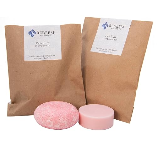 Redeem Soap Company Fresh Berry Shampoo & Conditioner Bar Set - Made in USA - 3oz Shampoo + 1oz Conditioner - Zero Waste, Plastic-Free, SLS & Paraben
