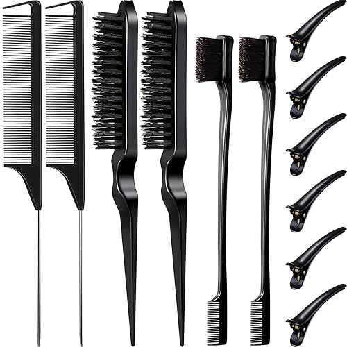 Remerry Hair Brush Set, 12 Pieces Nylon Brushes Including 3 Row Salon Teasing Brushes, Double Sided Edge Brush, Rat Tail Combs, Duckbill Clips