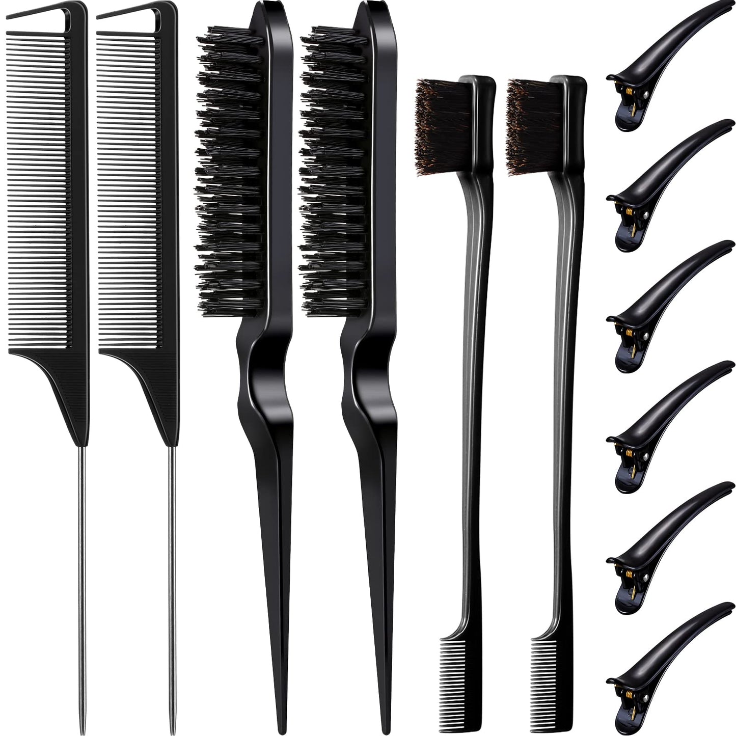Remerry Hair Brush Set, 12 Pieces Nylon Brushes Including 3 Row Salon Teasing Brushes, Double Sided Edge Brush, Rat Tail Combs, Duckbill Clips
