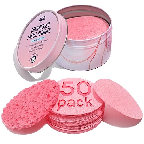 AOA Studio 50-Count Compressed Facial Sponges 100% Natural Cosmetic Spa Sponges for Facial Cleansing, Exfoliating Mask, Remove for Makeup, Dead Skin