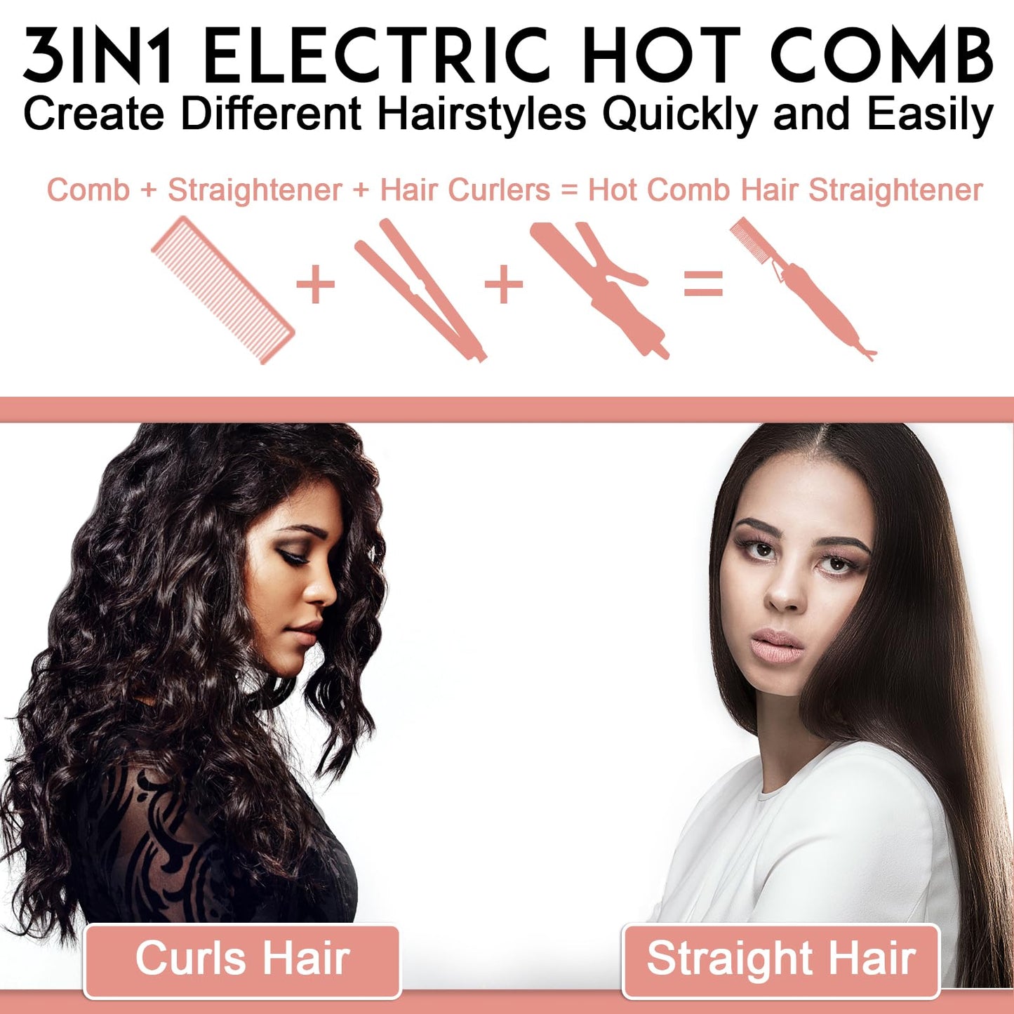 NICEMOVIC Ceramic Heating Hair Straightener Comb - Hot Pressing Brush for Natural Black Hair, Beard Wigs, and Curling (Rose Gold) Beauty and Personal Care NICEMOVIC