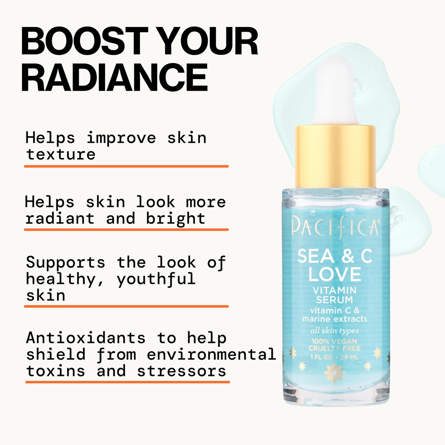 Pacifica Beauty Sea and C Love Vitamin C Serum, Skincare, Hyaluronic Acid, Green Tea, Marine Extracts, Blue Light Protection, Brightening