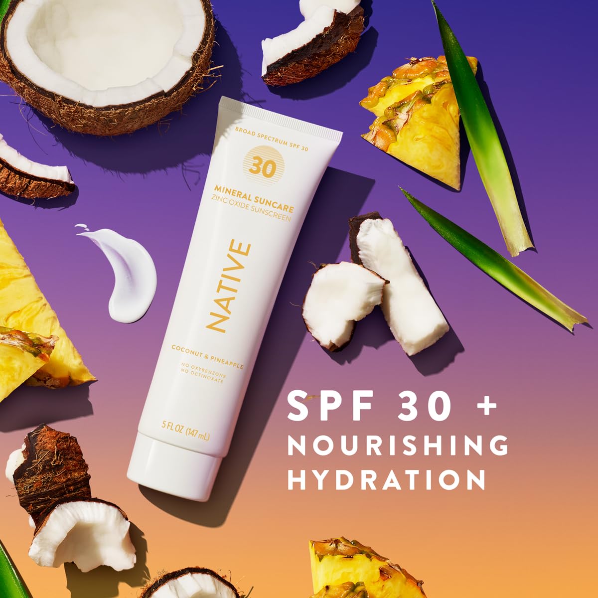 Native Sunscreen SPF 30, Zinc Oxide Dermatologist Tested Suitable for Sensitive Skin & Hawaii Compliant, 5 Ounces | Pineapple & Coconut Scent Sun