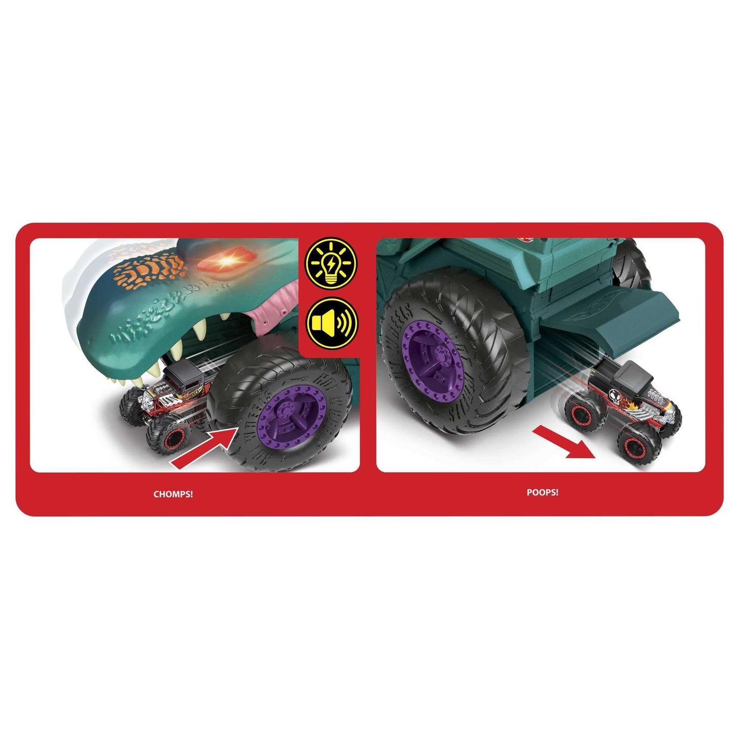 Hot Wheels Monster Trucks Car Chompin' Mega-Wrex, Large Toy Monster Truck & Toy Car, Eats & Poops 1:64 Scale Vehicles, Lights & Sounds