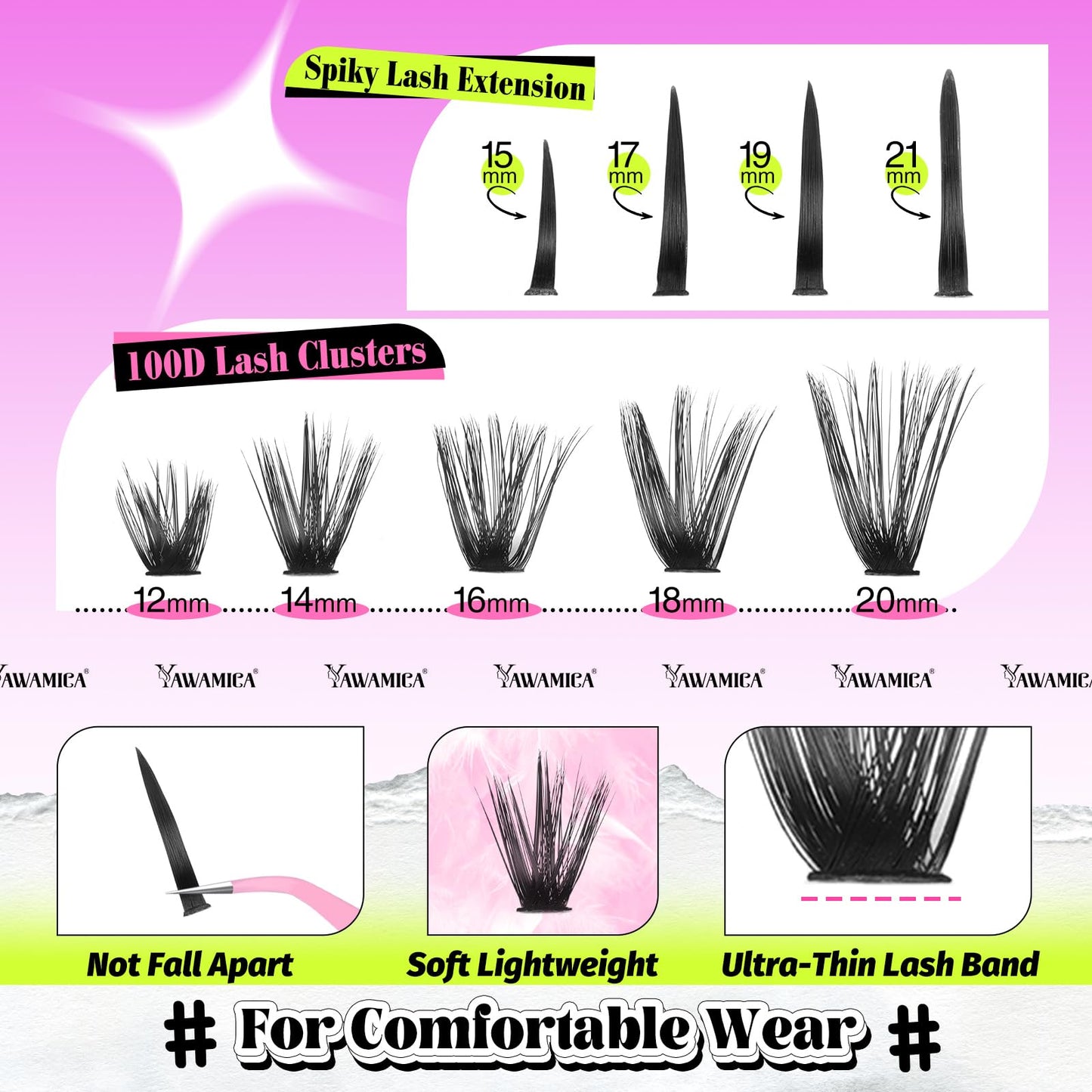 Yawamica 100D Volume Lash Clusters 12-20mm with 15-21mm Spike Individual Lashes DIY Manga Lashes Clusters D Curly Wispy Eyelash Clusters Fairy Cluster Beauty and Personal Care Yawamica