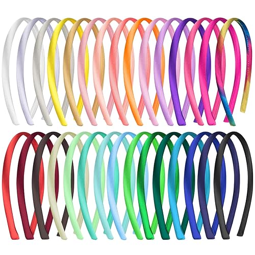 Duufin 30 Pieces Satin Headbands for Girls DIY Craft Headband 1cm Plain Girls Headband Colorful Satin Coverd Headbands, 30 Colors