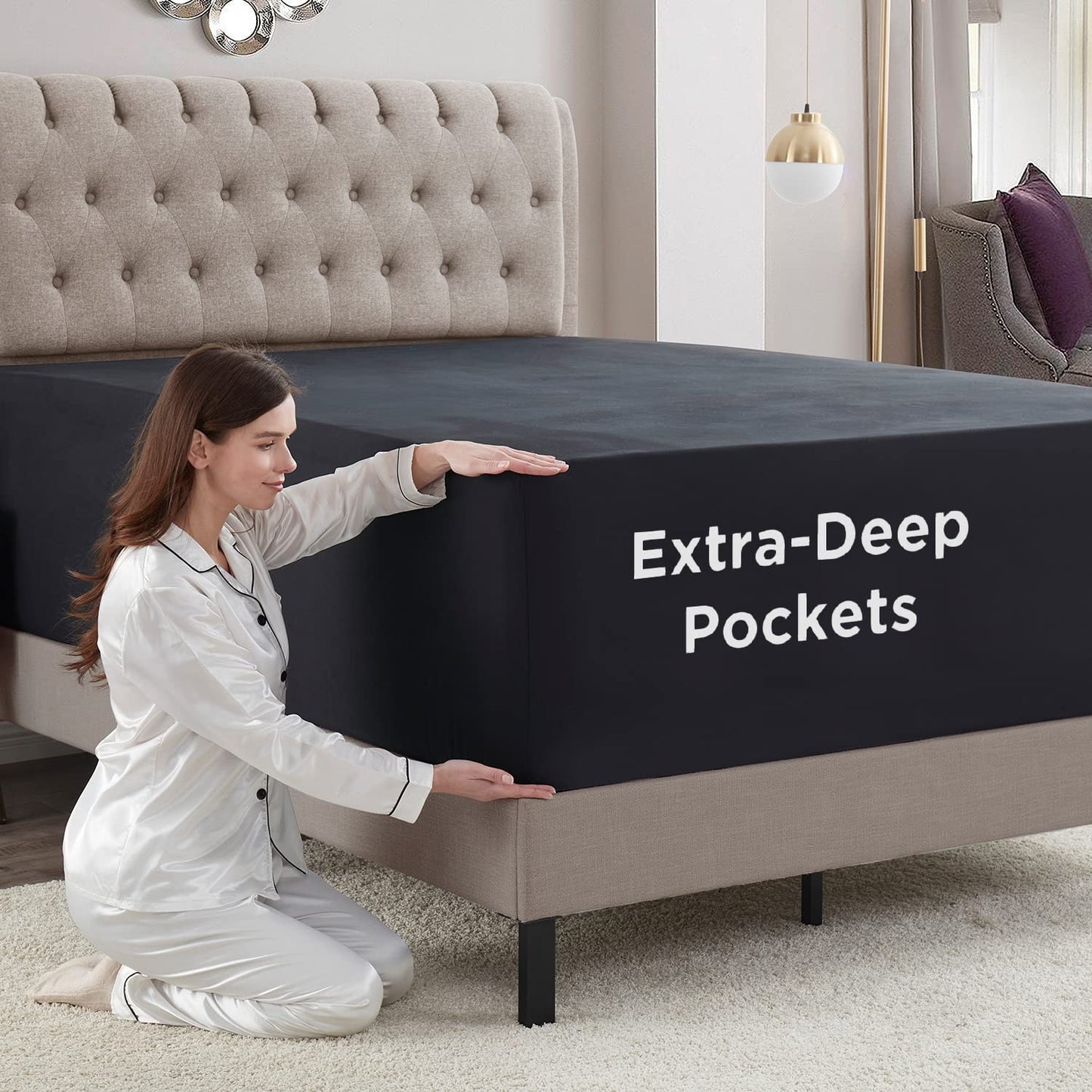Empyrean Black Extra Deep Pocket King Fitted Sheet Only, Hotel Luxury King Size Fitted Sheets Easily Fits 18 to 24 Inch Mattress, Super Soft,