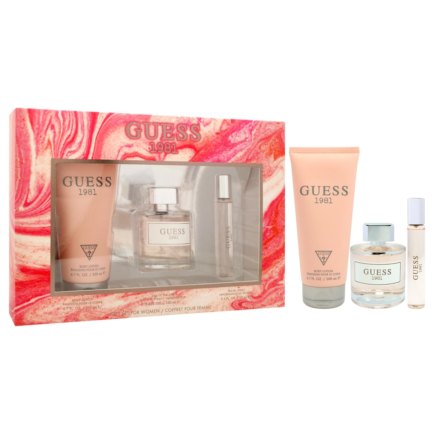 Guess 1981 for Women 3 Piece Gift Set, 3.4oz Eau De Toilette Spray + 0.5oz Eau De Toilette Spray + 6.7oz Body Lotion