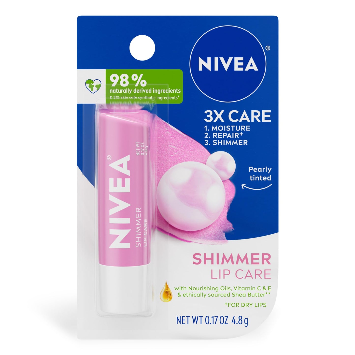 NIVEA Shimmer Lip Care, Shimmer Lip Balm with Shea Butter, Nourishing Oils and Vitamin C & E, 3-in-1 Moisture, Repair (for Dry Lips) and Shimmer, 0.17
