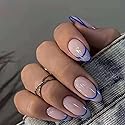 BABALAL Almond Press on Nails Blue French Tip Fake Nails Medium Glue on Nails Glossy Full Cover Design Manicure Acrylic Nails for Women and Girls