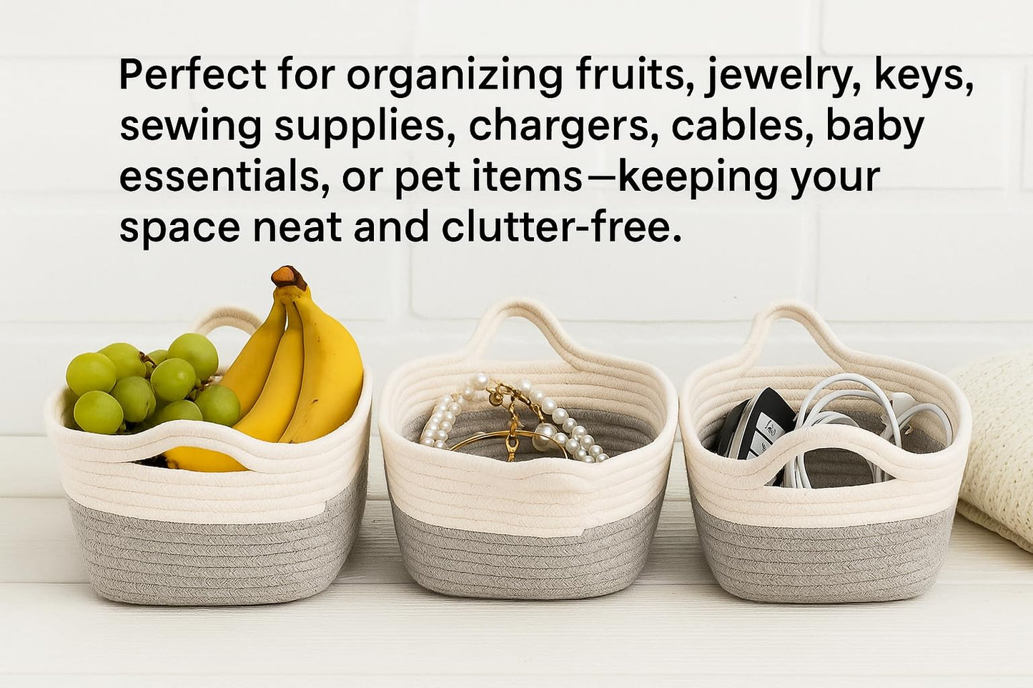 SDFUMAO Cotton Rope Storage Baskets Set of 3, Grey & White Woven Bins with Handles - Soft, Durable, and Versatile for Laundry, Toys, Blankets…