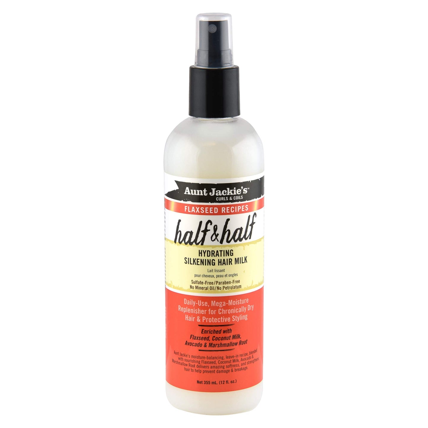 Aunt Jackie's Flaxseed Recipes Half & Half, Hydrating Silkening Hair Milk, For Daily Use, Enriched with Flaxseed, Coconet, Jojoba Oil, Shea Butter