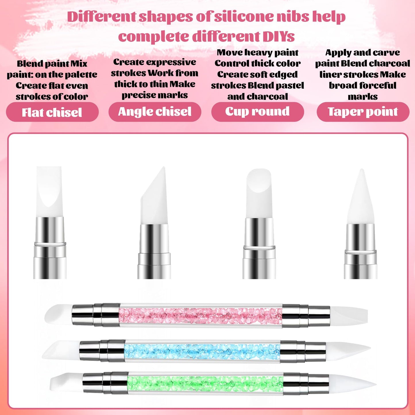3 Pcs Nail Art Sculpture Pen, Dual Tipped Silicone Nail Tools, Silicone Head Acrylic Handle Nail Art Brushes, Rhinestone Nail Polish Carving Pen, Nail Beauty and Personal Care AHQiZFX
