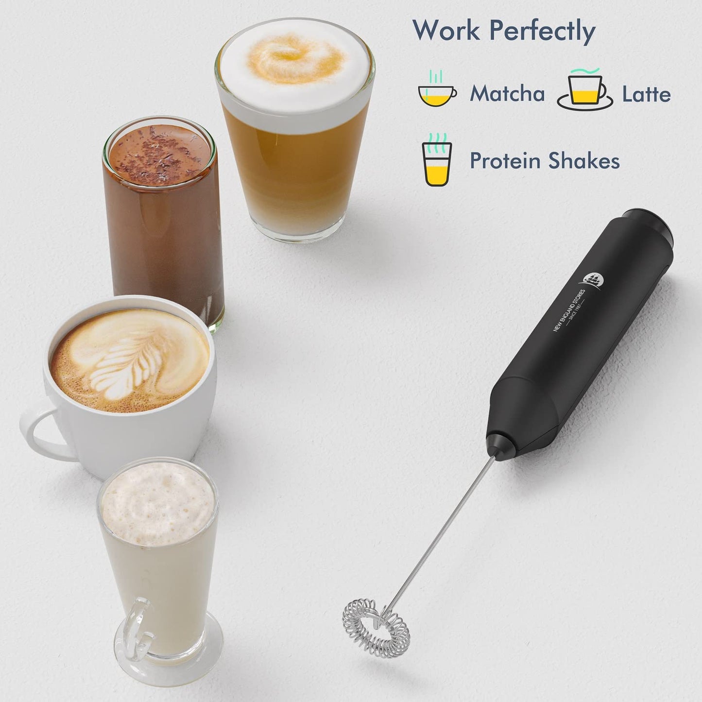 Powerful Handheld Milk Frother Wand, Battery-Powered Mini Drink Mixer with Stainless Steel Whisk for Coffee, Lattes, Matcha & More, Black