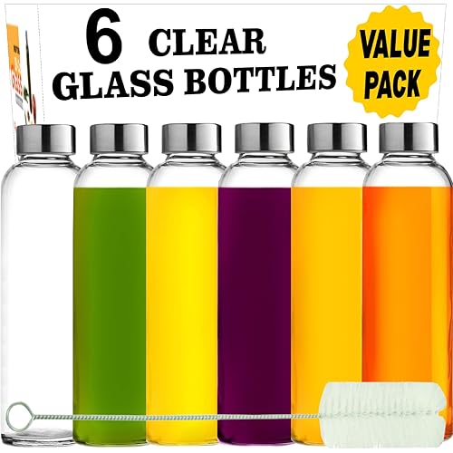 Brieftons Clear Glass Water Bottles With Caps: 6 Pack, 18 Oz Premium Soda Lime, Reusable Drinking Bottle, Sauce Jar, Juice Beverage Container, Kefir