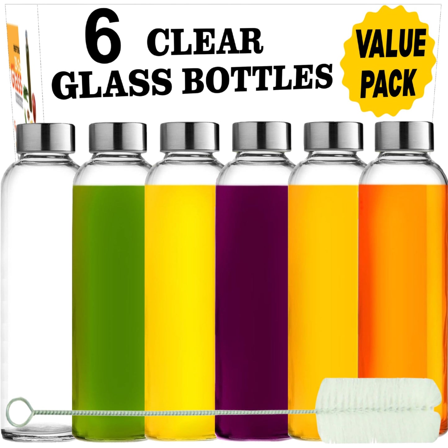 Brieftons Clear Glass Water Bottles With Caps: 6 Pack, 18 Oz Premium Soda Lime, Reusable Drinking Bottle, Sauce Jar, Juice Beverage Container, Kefir